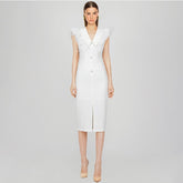 Patchwork Lace Pearl Button Bodycon Evening Party Dress