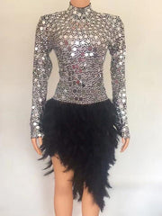 Rhinestone stretch bodycon feather patchwork dress party dress
