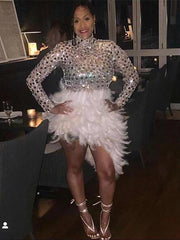 Rhinestone stretch bodycon feather patchwork dress party dress