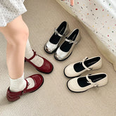Burgundy Patent Leather Mary Jane Pumps - Vintage-Inspired Double Gold Buckle Low Block Heel