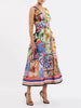 Chic Color Block V-Neck Spliced Bowknots High Waist Printed Bohemia Hollow Midi Dress