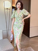 Vintage Floral Sweet Puff Sleeve Beach Style Corset Slim Slit Midi Dress