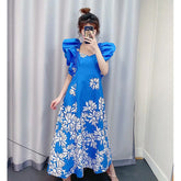 A Line Ruffled Stylish Floral Print Maxi Dress