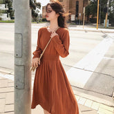 A-line Long Sleeve Elegant Pleated Knitted Sweater Dress