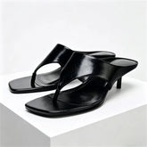 Black Soft Leather Flip-flops Square Toe Thin High Heel