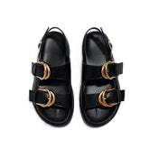 Black Soft Leather PU Flat Sandals Metal Buckle Slide Slippers Light Non-Slip Beach Shoe Sandalias De Mujer