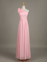 Blush Chiffon One Shoulder Ruffled Zipper A Line Long Wedding Party Bridesmaid Dress