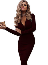 Bodycon Dresses Long Sleeves V-Neck Midi Dress Sheath Dress