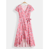 Bohemian Floral Print V-neck Drawstring Waist Short Sleeve Maxi Dress