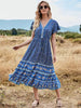 Bohemian Pleated Floral Print Deep V-Neck Button Beach Style Midi Dress