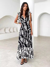 Bohemian Printed Ruffles Lace Up V-Neck Tie Shoulder Straps Maxi Dress