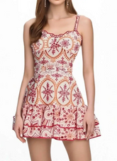 Bohemian Style Spaghetti Strap Floral Print Waist Belt Ruffled Short Dresses