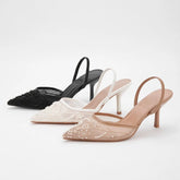 Brand Designer White Wedding Pumps Mesh Embroidered Flowers Back Strap Slingback High Heel