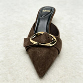 Brown Faux Suede Mule Sandals Luxury Metal Buckle Embellished Stiletto Slide Sandals Retro Party Dress Shoes