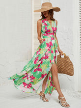 Casual Allover Floral V-Neck Belted Sleeveless Asymmetrical Maxi Dress