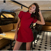 Casual Back Hollow Out Mock Neck Fitted Short Sleeve High Waist A-line Dresses