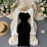 Casual Backless Long Sleeve Bow Hollow Knitted Warm Elastic Sweater Dress