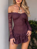 Casual Boat Slash Neck Off Shoulder Ruffles Long Sleeve Lace Mini Dress