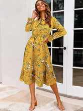 Casual Bows Floral Print Tie-Neck With Long Sleeve Midi Dress