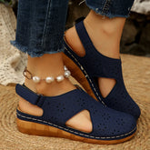 Casual Breathable Hollow Out Slip-On Roman Sandals with Magic Tape Fish Mouth Stitching PU Material Comfortable Heel