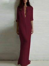 Casual Button Front Bodice Elbow Length Sleeve Pocket Front Maxi Dress