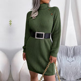 Casual Button High Neck Long Sleeve All Match Knitted Dresses