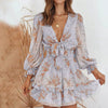 Casual Chiffon Flower Printed Long Sleeve Short Skirt Mini Dress