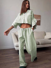 Casual Cotton V-Neck Petal Sleeve Patchwork Crop Shirt Lace Drawstring Pants Set