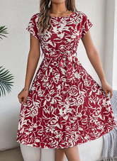 Casual Crew Neck Short Sleeve Floral Print Belted Dress