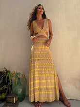 Casual Cutout Waist V-neck Open Back Boho Tie-Dye Maxi Slit Dress