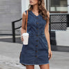 Casual Denim V-Neck Lapel Sleeveless Jeans Button With Pockets Short Dress