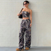 Casual Elastic Waist Printed Crop Top Slimming Workwear Pants Set