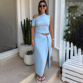 Casual Elegant Slant Shoulder Short Sleeve Waist less Split Solid Long Dresses