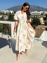 Casual Floral Print Beach Style With Puff Sleeves Long Maxi Dress