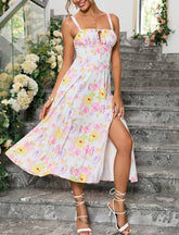 Casual Floral Print Boned Tie Up Split Adjustable Zip Midi Dress