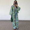 Casual Floral Printed Lace Up Long Sleeve Shirt Loose Wide Leg Trousers 2 Piece Set