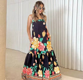 Casual Flower Print Long Backless A-line Beach Style Loose Maxi Dress