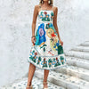 Casual Graphic Print Fit and Flare Sleeveless Square Neck Midi Dresses