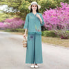 Casual Half Sleeve Top Retro Print Cotton and Hemp Set