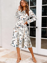 Elegant Floral Print Jewel Neck With Long Sleeve Bows Midi Dress