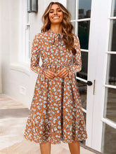 Casual Jewel Neck With Long Sleeve Bows Floral Print Midi Dress