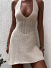 Casual Knitted Deep V-neck Halter Off Shoulder Patchwork Solid Color Tie-up Backless Mini Dress