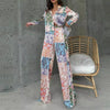 Casual Lapel Button Ethnic Printed Long Sleeve And Straight Pants 2 Piece Outfit