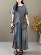 Casual Loose Printed Denim Vintage Tops Big Size Floral Skirt 2 Pieces Sets