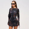 Casual O-Neck Leopard Print Slim Flared Long-Sleeved Package Hip Short Mini Dresses