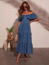 Casual Off Shoulder Denim With Ruffle Skirt Casual Wear Long Dress