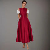 Casual Off Shoulder Patchwork Short Sleeves Round Neck Slim Big Swing Mid-calf Dresses
