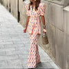 Casual Office Outfit Lace-up Short Sleeve Jackets Top And Wide Leg Pants 2 Piece Set