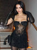 Casual Patchwork Short Sleeve Square Collar Backless High Waist Pleated Lace Mini Dress