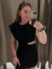 Casual Pleated Sleeveless Crop Asymmetry Decorative O-Neck Solid Beach Party Mini Dress